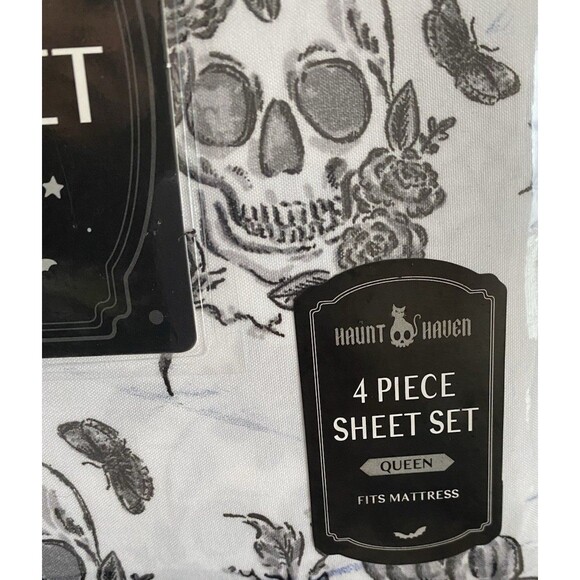 Haunt Haven 4 Piece Sheet Set Queen Skulls Pumpkins Ravens Halloween Gothic - Picture 6 of 6